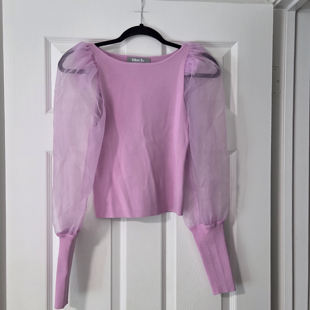 Blue B Lilac Knit Top W/Puff Sleeve Tulle Blouse. Dressy, Stylish, Romance, L